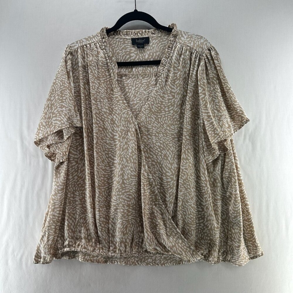 Belldini Ruffled V-Neck Blouse 3X Flutter Sleeve Elastic Hem Printed Cream Beige